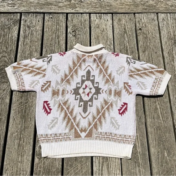 Vintage Southwestern Knit Cream Short Sleeve Collared Sweater Size Medium - Picture 7 of 10